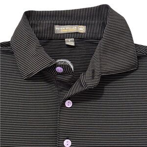 Peter Millar Black Pinstripe Crown Logo Polo with Purple Buttons S